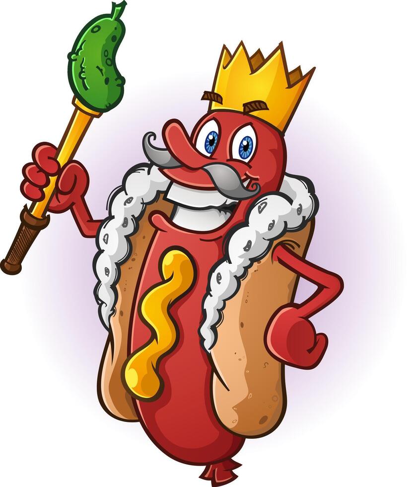 A hot dog cartoon dressed as a king with a golden crown and pickle staff vector