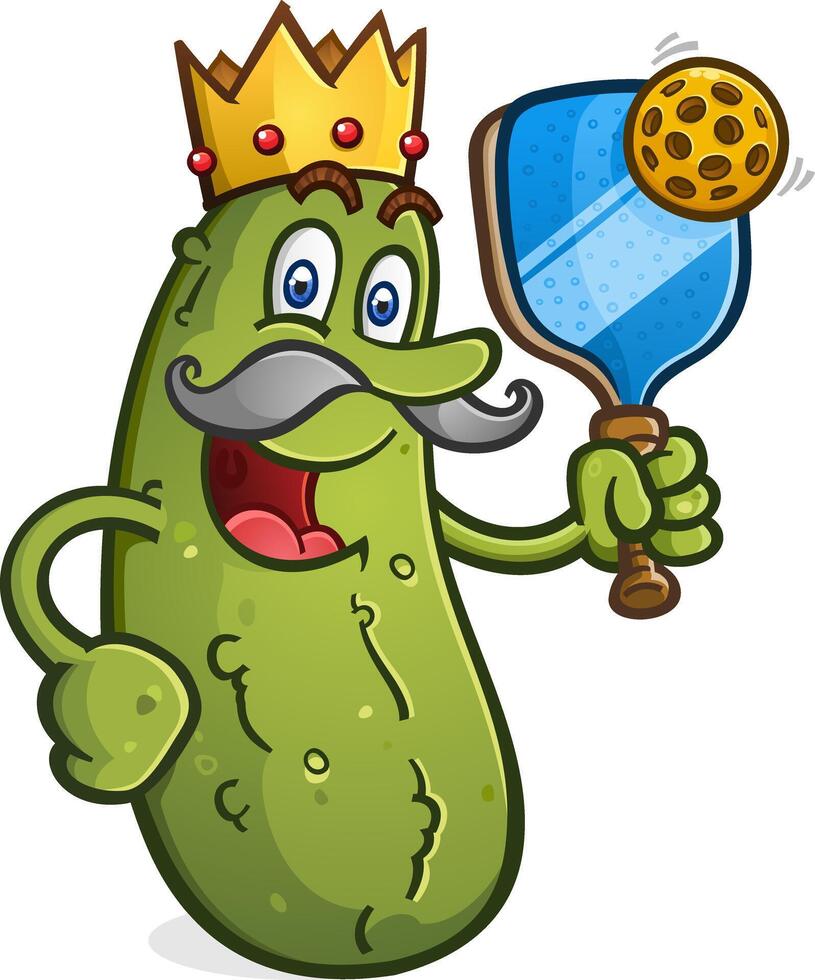 Cartoon pickle king pickle holding a pickleball paddle and ball ready to rule the court and give you a royal beating in a match illustration vector