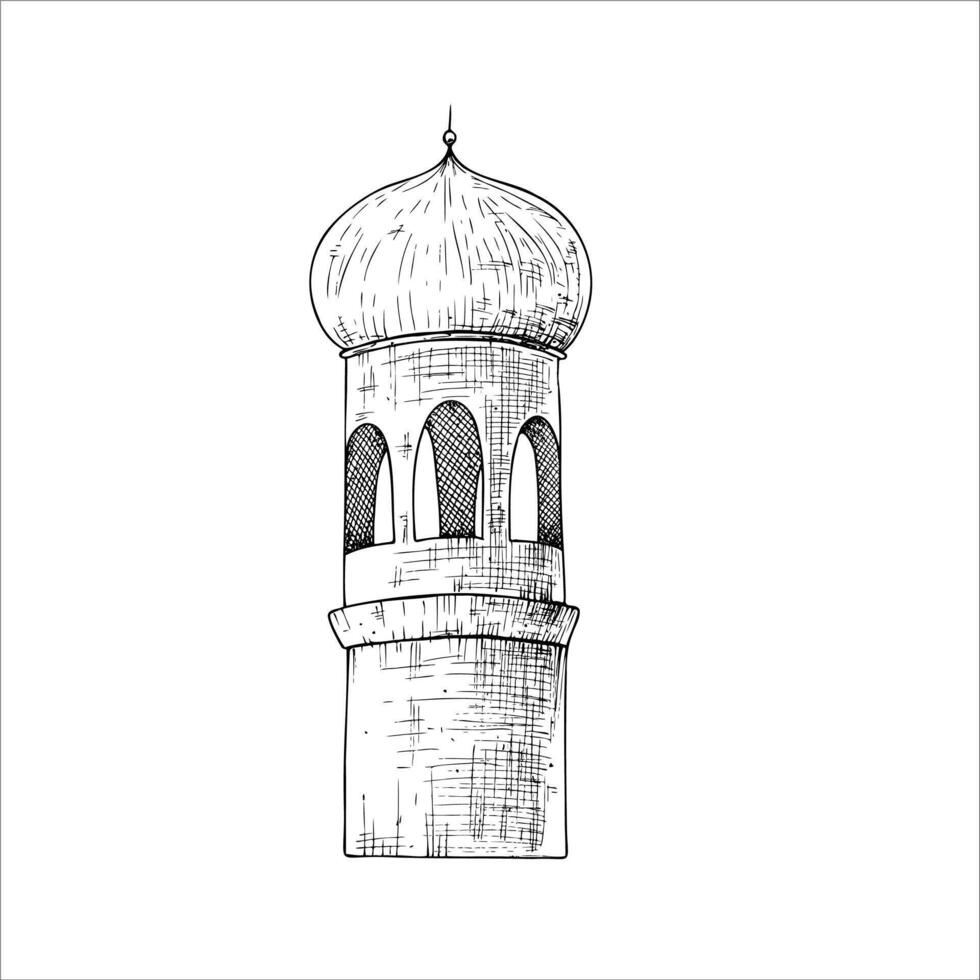 Islamic minaret. Graphic illustration mosque, tower isolated on white background. Muslim hand drawn line sketch, holiday Ramadan Kareem or Eid Al Adha 2025. For designers, prints, postcards vector