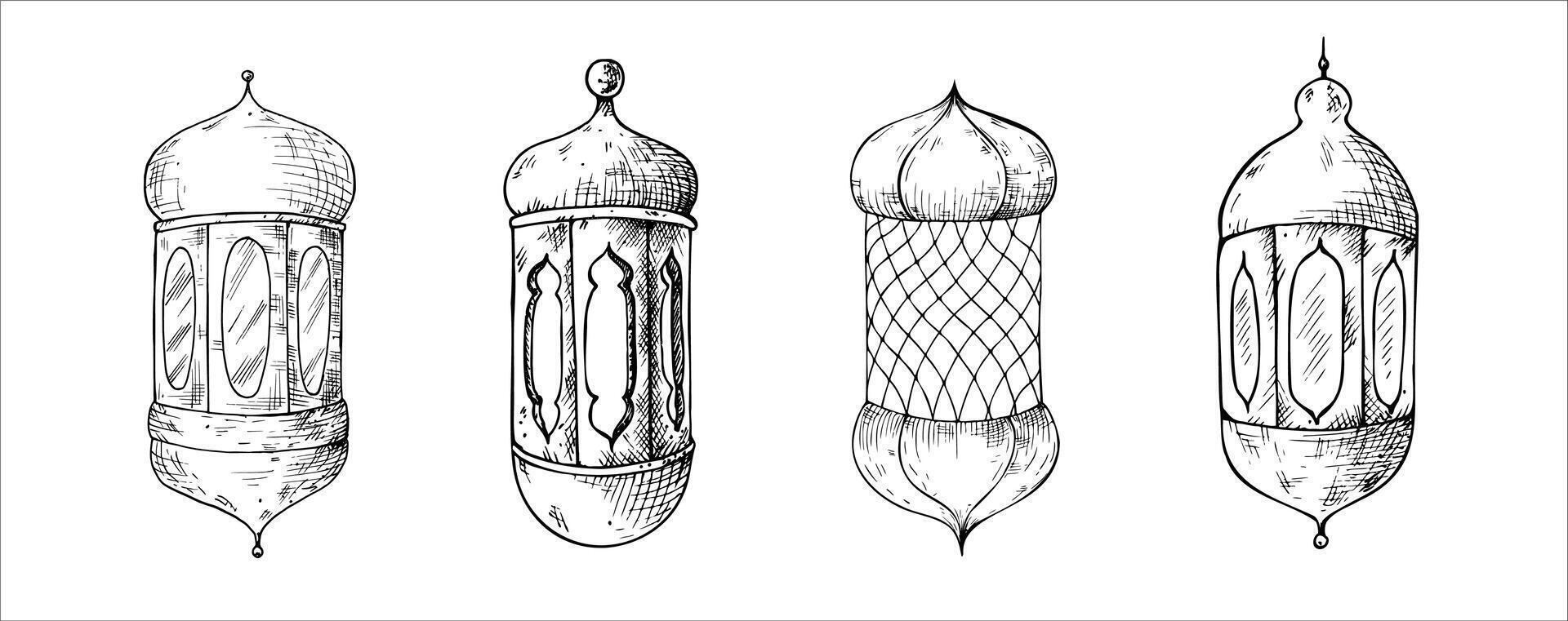 set of Islamic arabian lanterns. Graphic illustration isolated on background. Muslim hand drawn line sketch, holiday Ramadan Kareem or Eid Al Adha 2025. For designers, prints, postcards vector