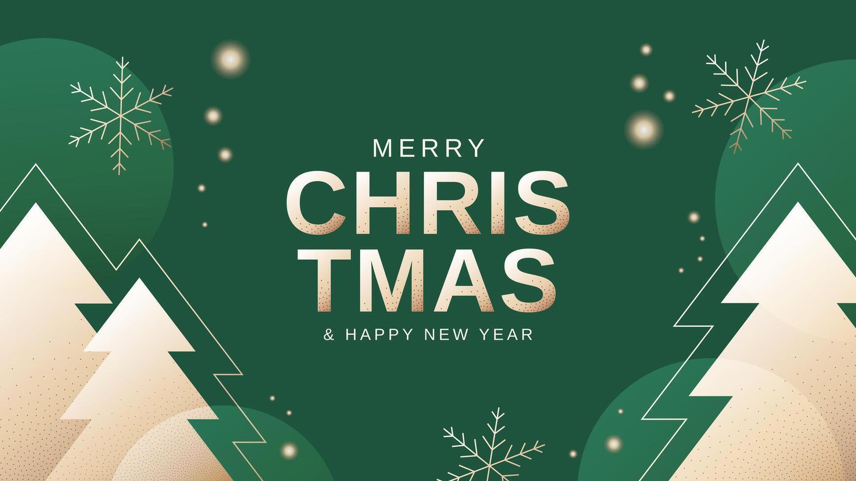 Modern Christmas banner with golden text, snowflakes and christmas trees on green background. illustration vector