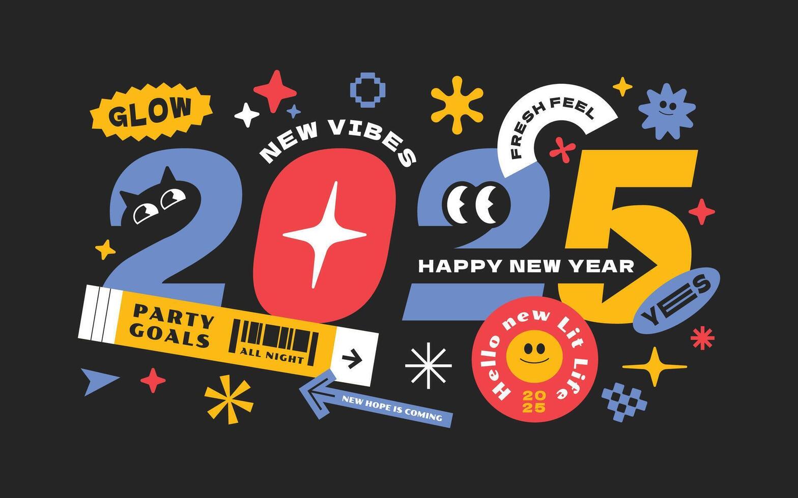 2025 new year concept. Trendy character with happy new year text word vector