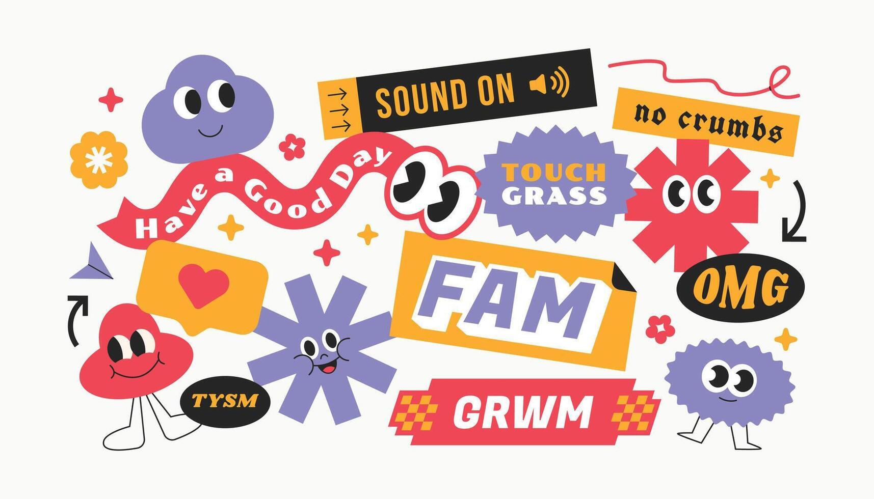 Funny and groovy trendy stickers. Cartoon character 90s Gen z and millenials slang word. vector
