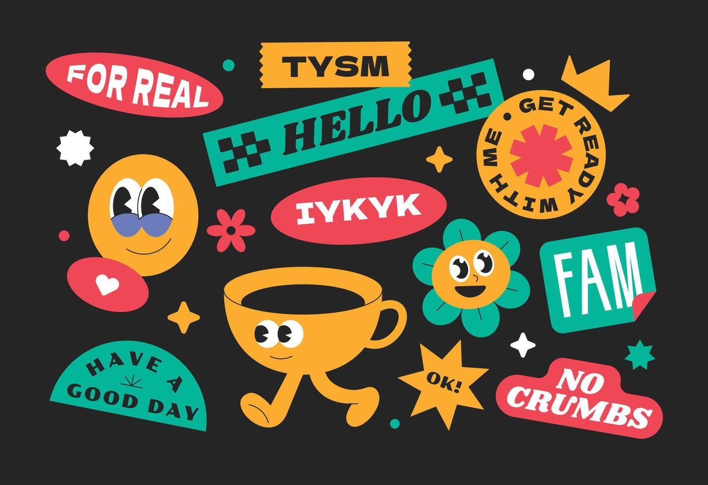 Funny and cool character. Gen z and millenials word trendy cartoon. vector