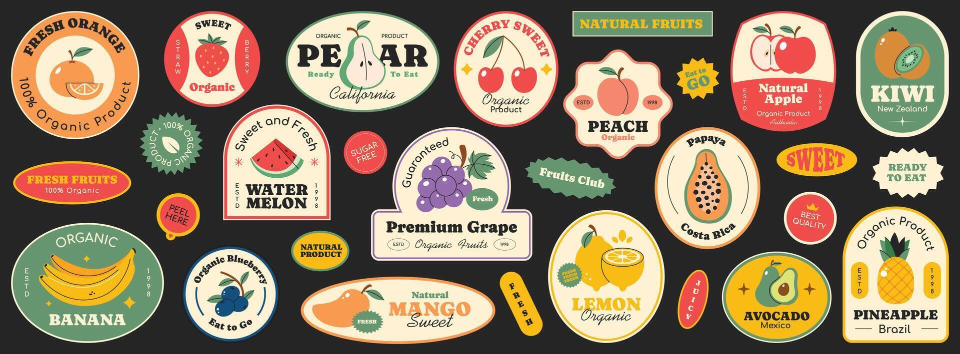 Set of fruits stickers collection. Various fruits logos, patch, badge. Grape, orange, strawberry, peach, apple, avocado, mango, kiwi, pineapple. vector