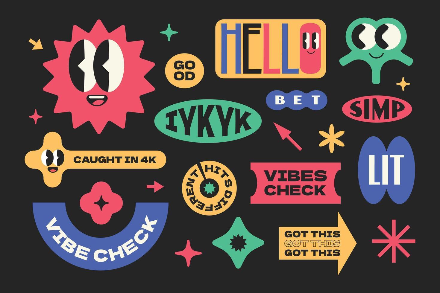 Funny groovy cartoon element. Stickers gen z and millenials slang word. vector