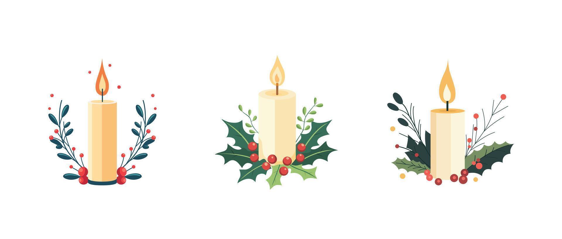 illustration set of a Christmas candle surrounded by holly leaves and berries on white background vector