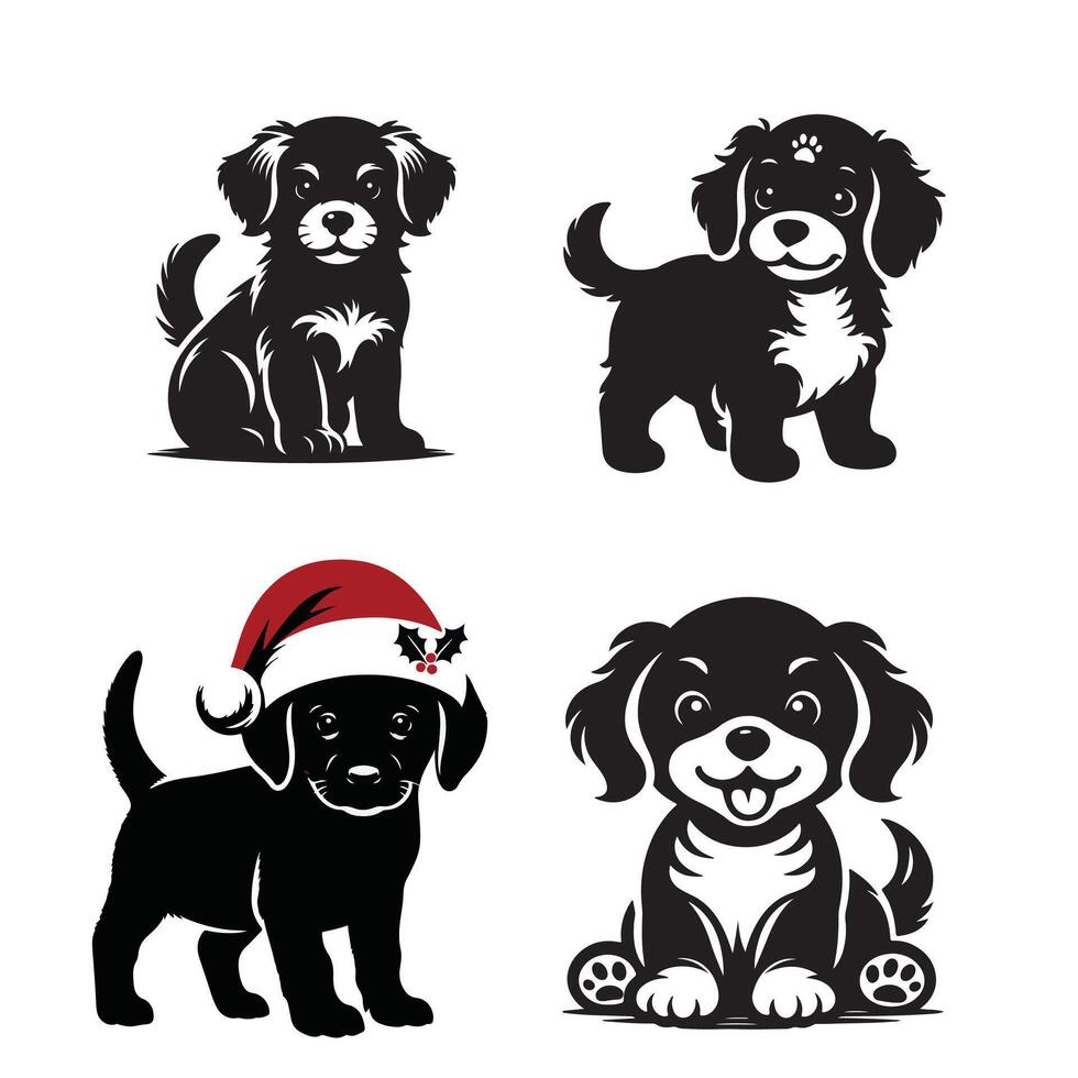 a cute puppy silhouette dog with a white background and a little Santa hat vector