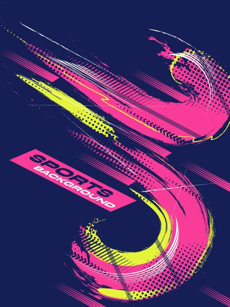 Sport Cover or Poster Design with Pink and Yellow Brush Strokes and Halftone Effect on Blue Background. Abstract Background Design in Grunge Style vector