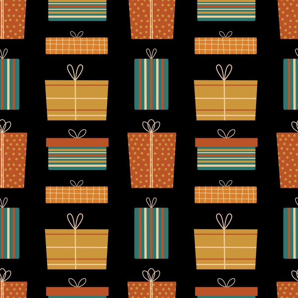 Christmas seamless pattern. Gift box with stripes and polka dots on a dark background. Cute illustration for wrapping paper, textile, background, card, cover vector