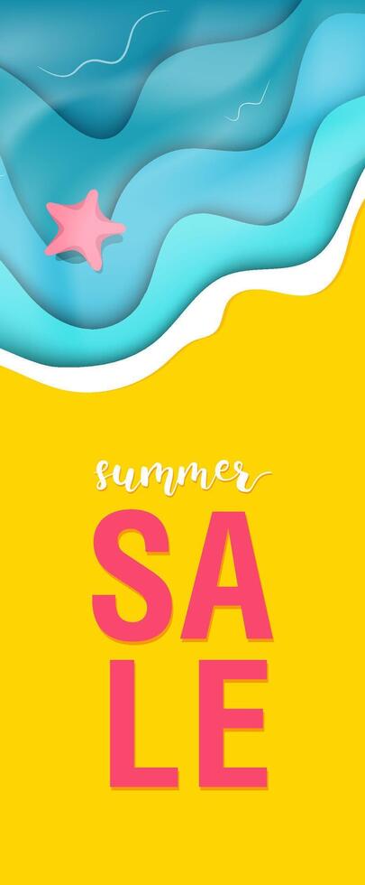 Background with paper cut ocean and beach. Summer sale vector