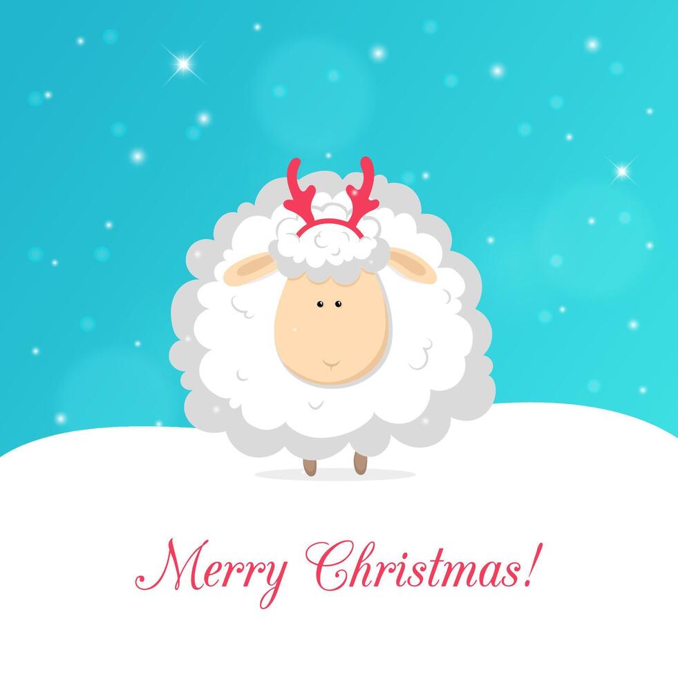 Greeting card. White funny sheep on blue background. cute Illustration vector