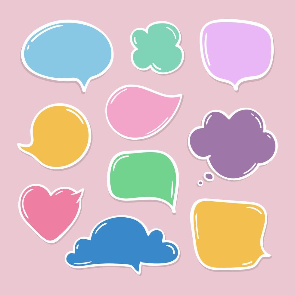 Set of hand drawn color think and talk speech bubbles with message, greetings and dialog. Stickers. Isolated vector