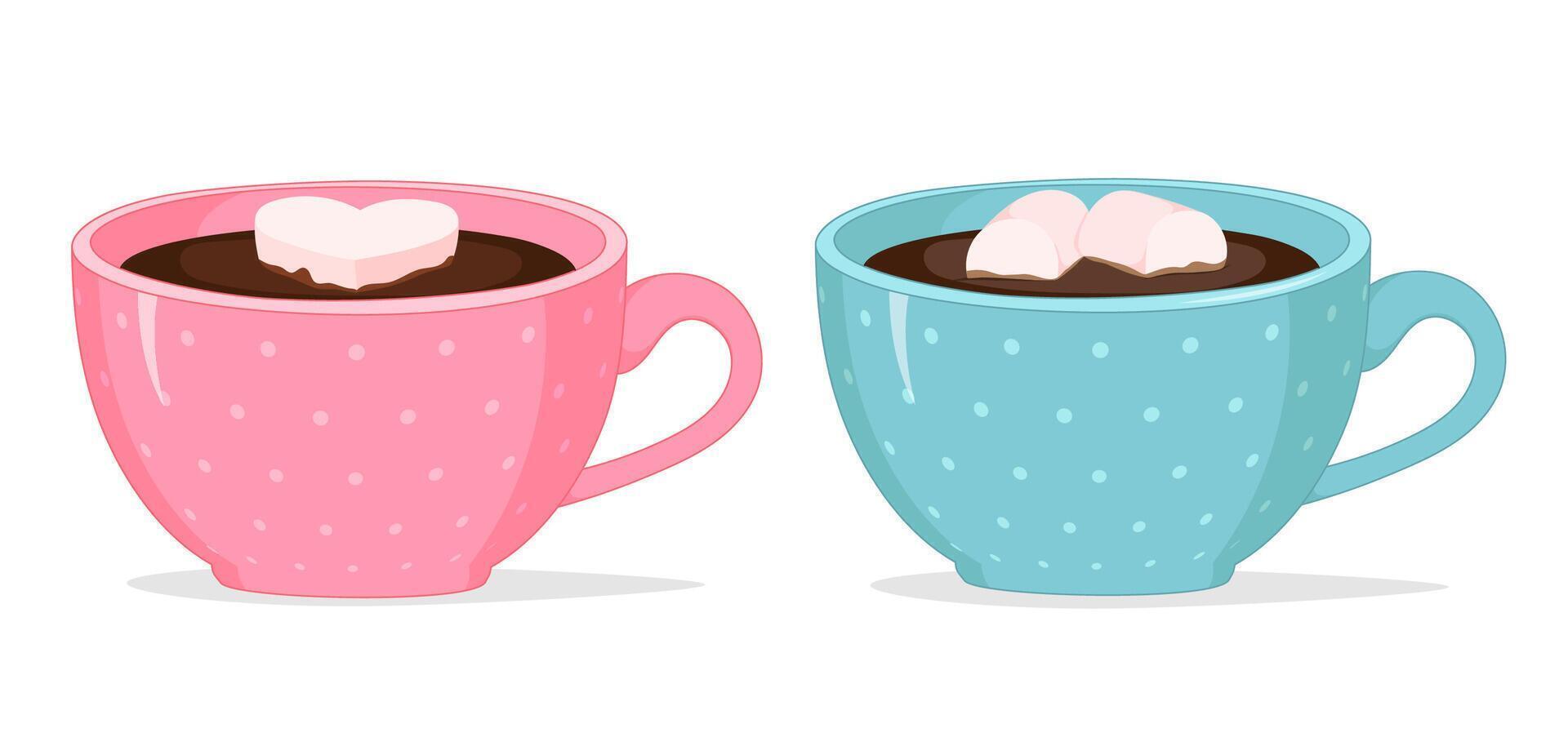 Cute pink and blue cups of coffee isolated on white background vector