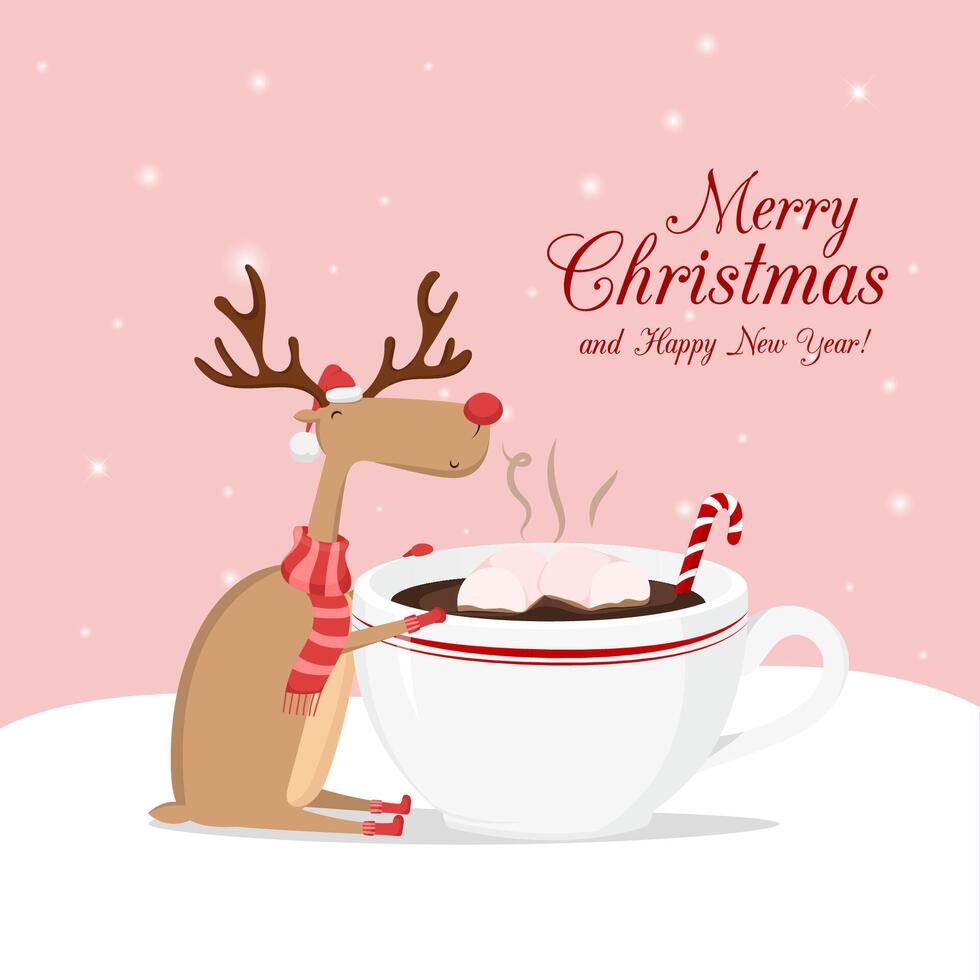 Pink greeting card with reindeer and cup of coffee. Merry Christmas, Happy New Year vector
