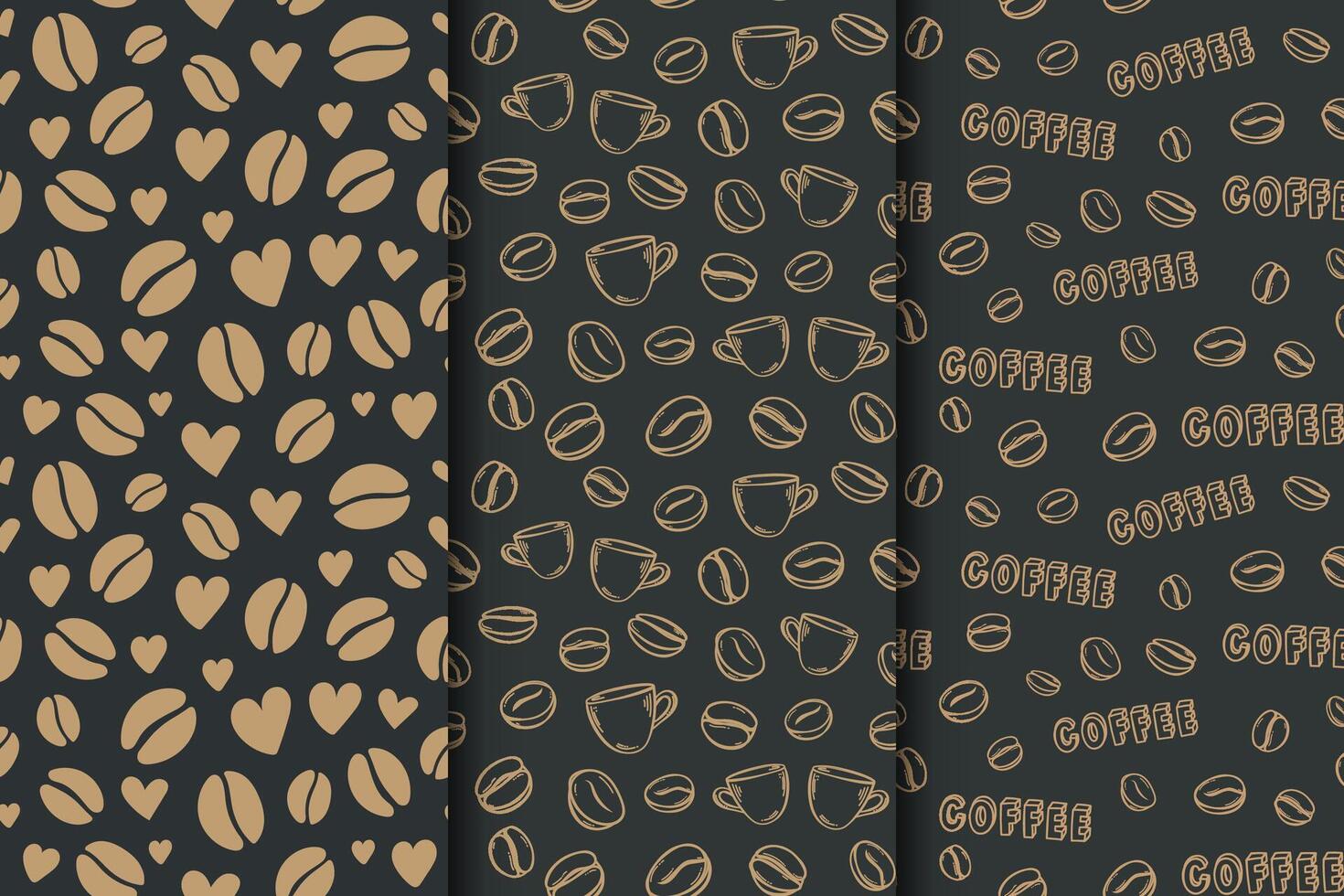 Set of black pattern with bronze coffee beans and hearts vector