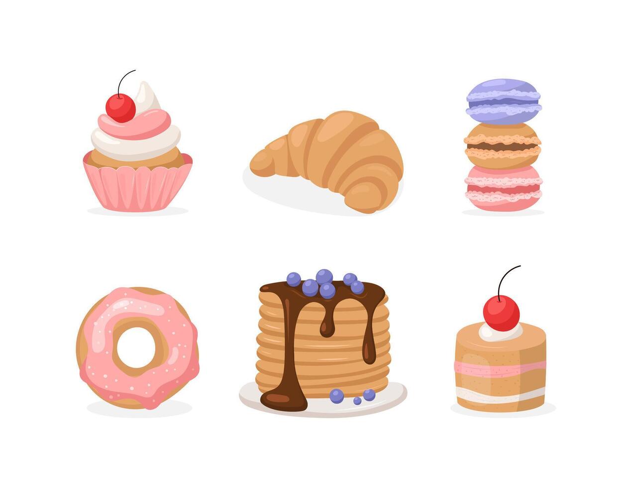 flat set of sweets. donut, cake, pancake vector