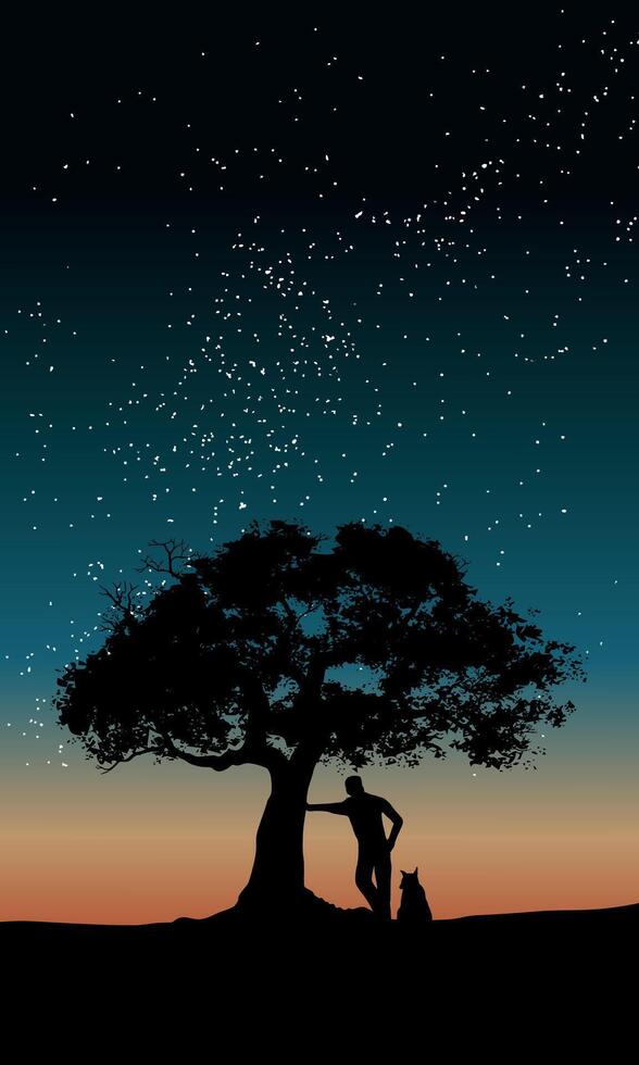 Starry night sky background with silhouette of a tree and a man with his dog vector