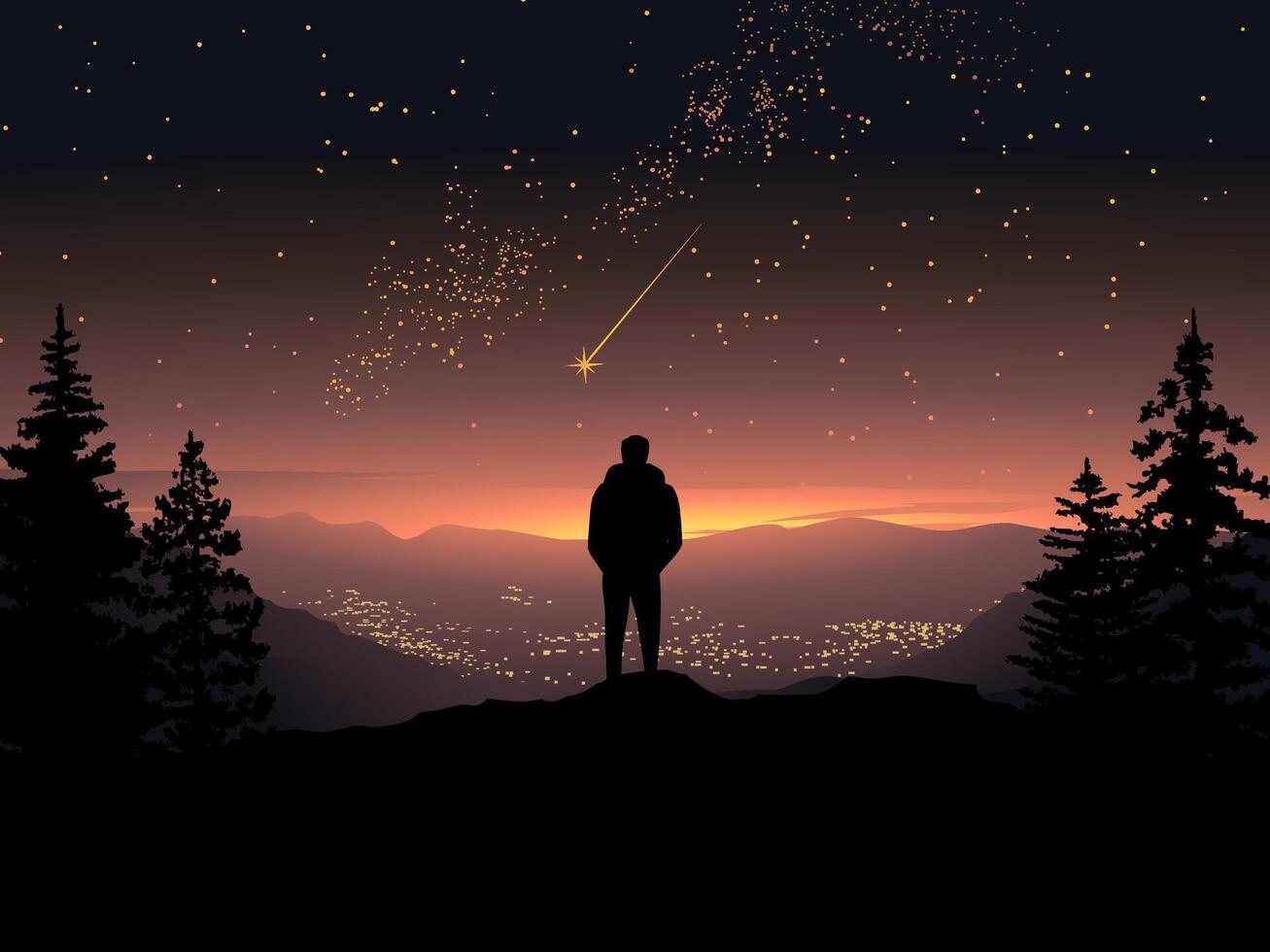 Starry night landscape with a man and view of city from the hill top vector