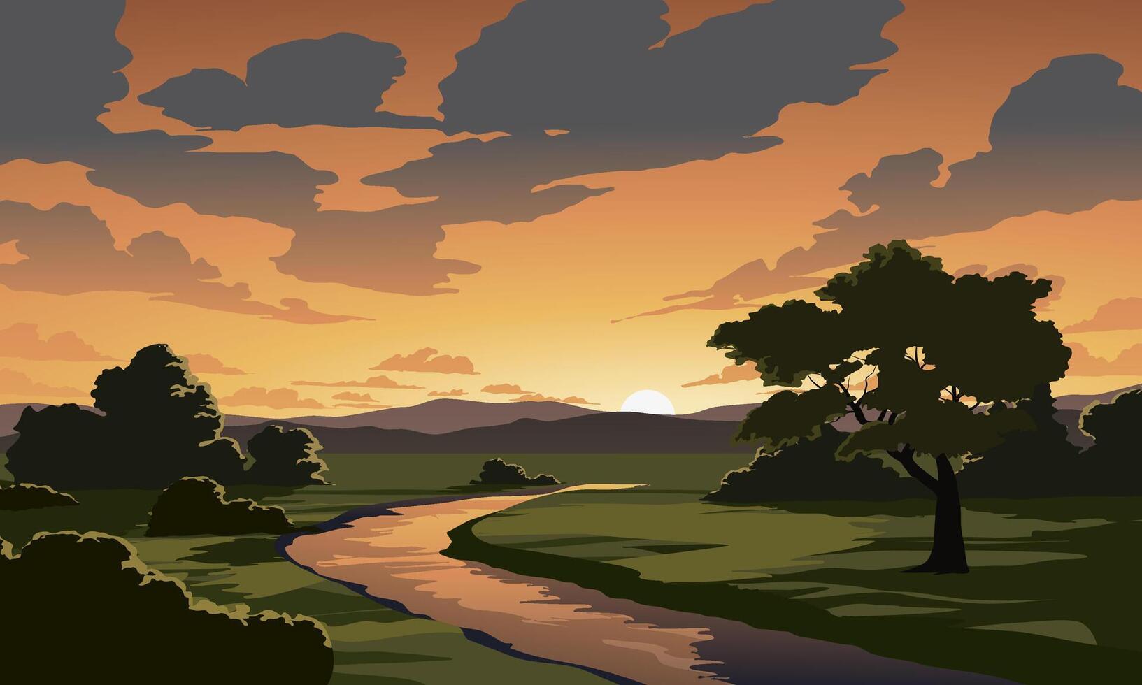 Beautiful rural sunset illustration with river and plain vector