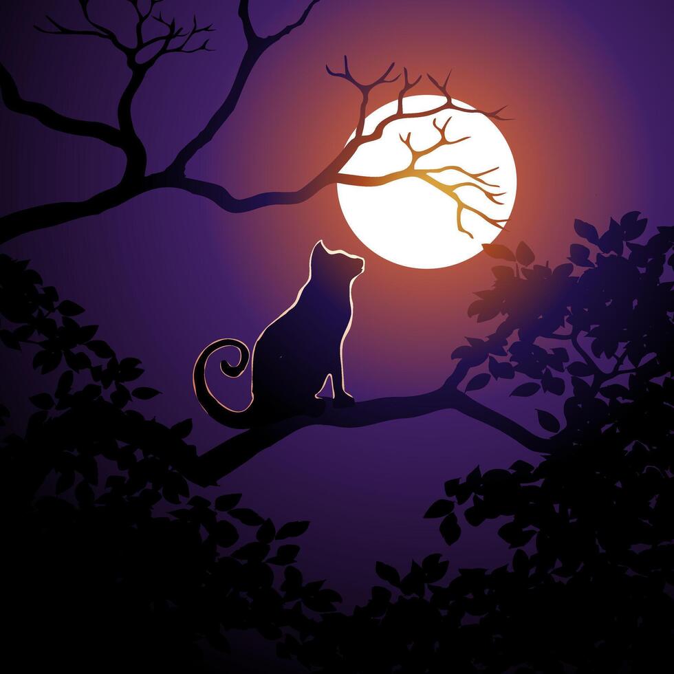 A cat sitting on the tree branch in the moonlight vector