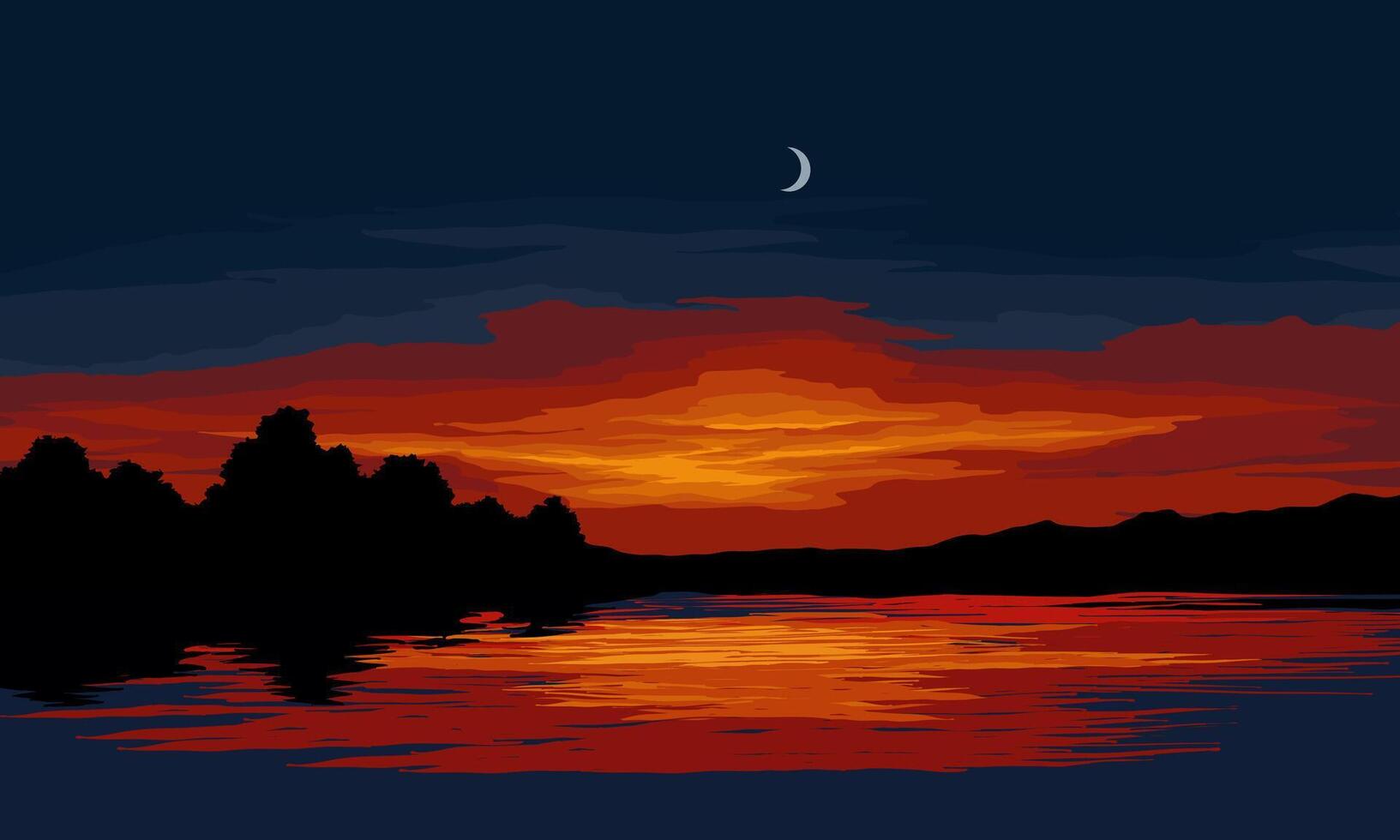 Dramatic calm sunset at lake vector