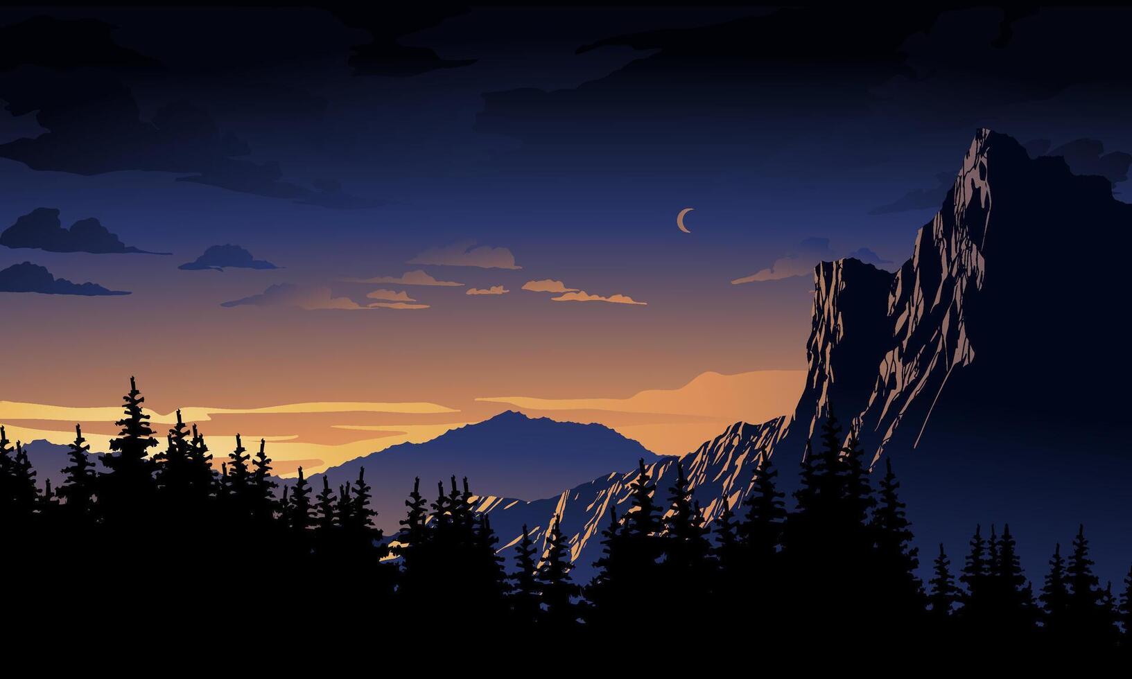 Mountain sunset dusk landscape with silhouette of forest illustration vector