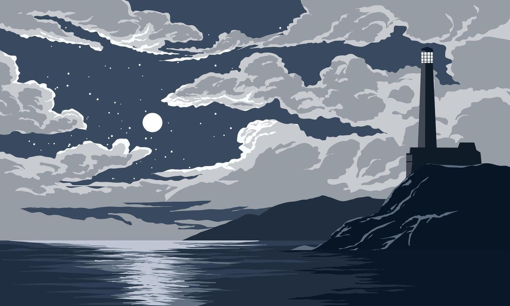 Cloudy night landscape illustration with lighthouse and moonlight vector