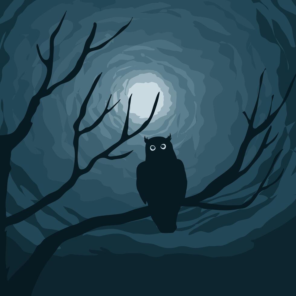 Silhouette of owl on branch in the moonlight vector