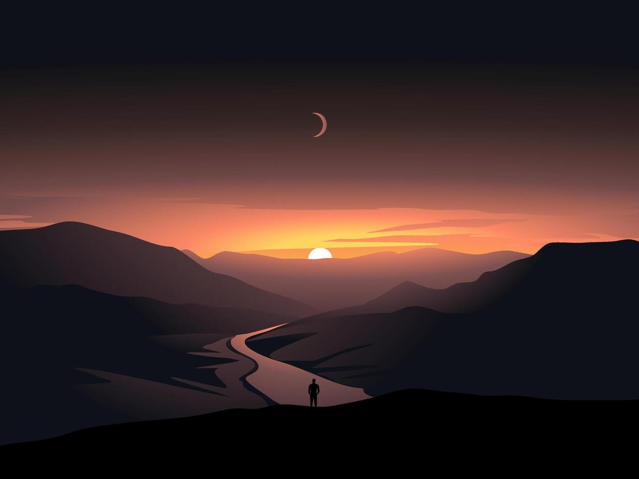Scenic evening mountain landscape with a man standing on the cliff vector