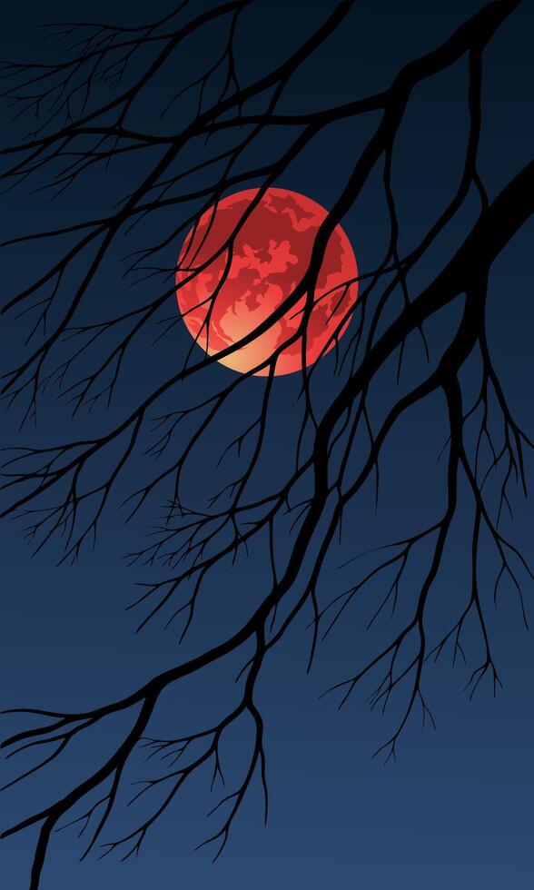 Red full moon night sky with tree branches silhouette vector