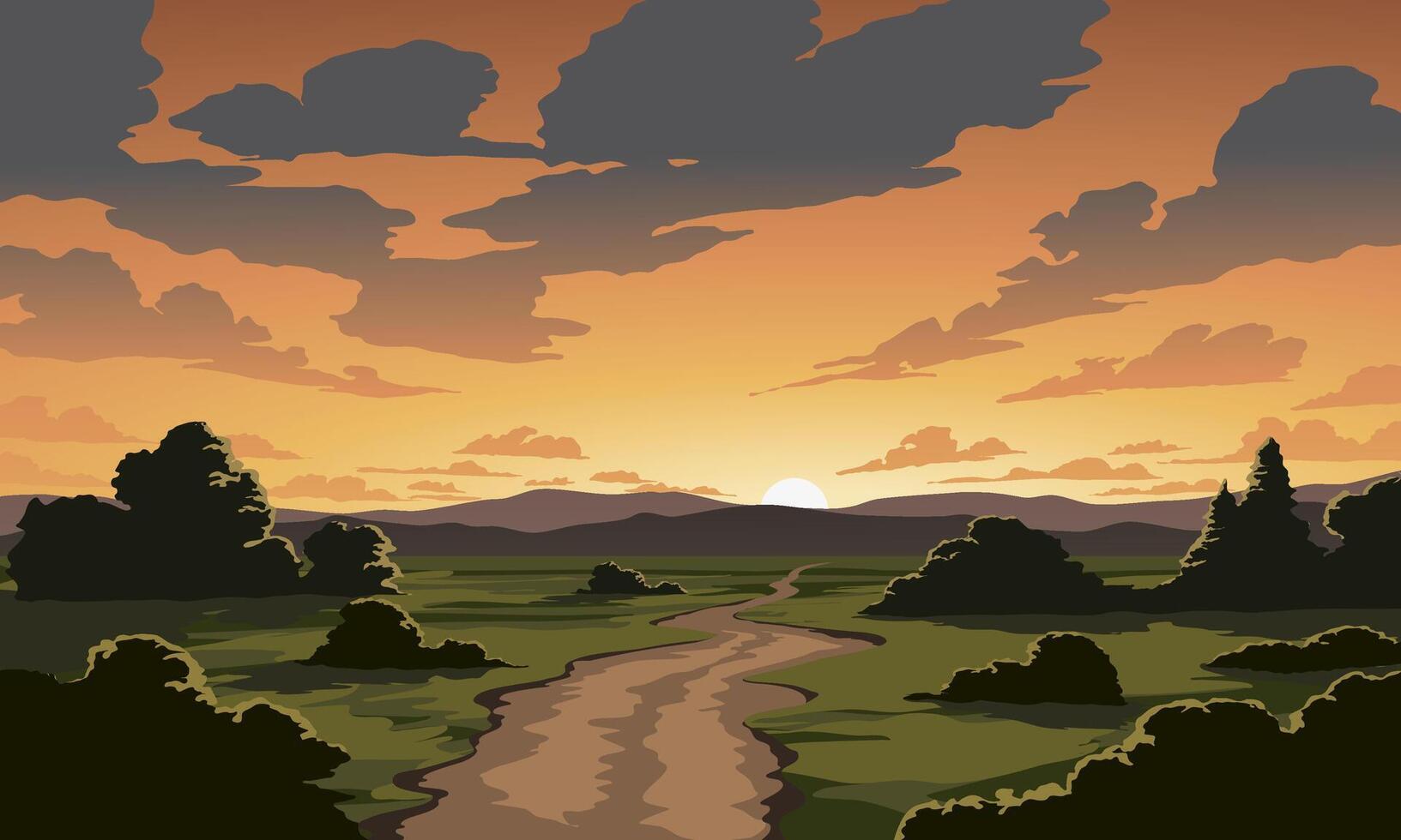 Rural dusk landscape with road and beautiful clouds vector
