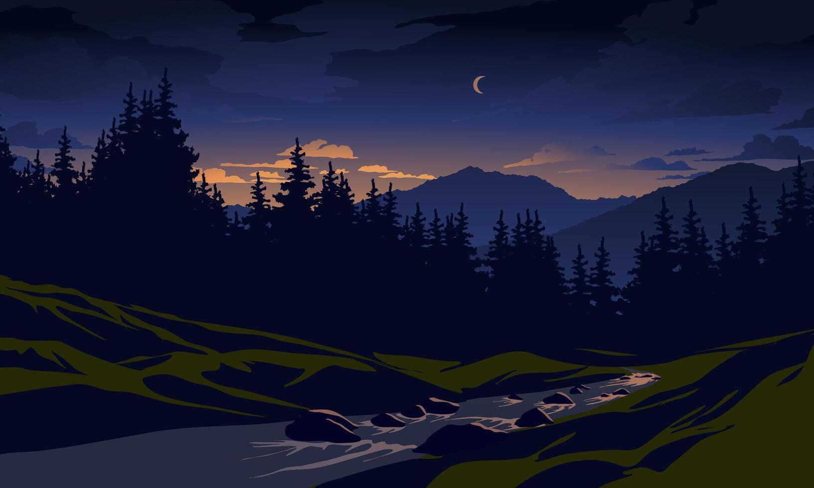 Forest night landscape with mountain and river vector