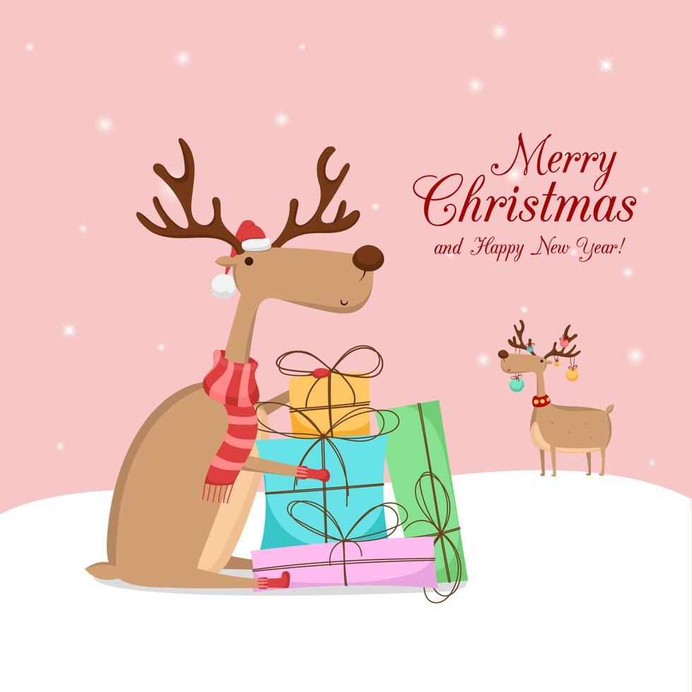 reindeer sits with gifts on the snow. Greeting card. Merry Christmas and happy New Year vector