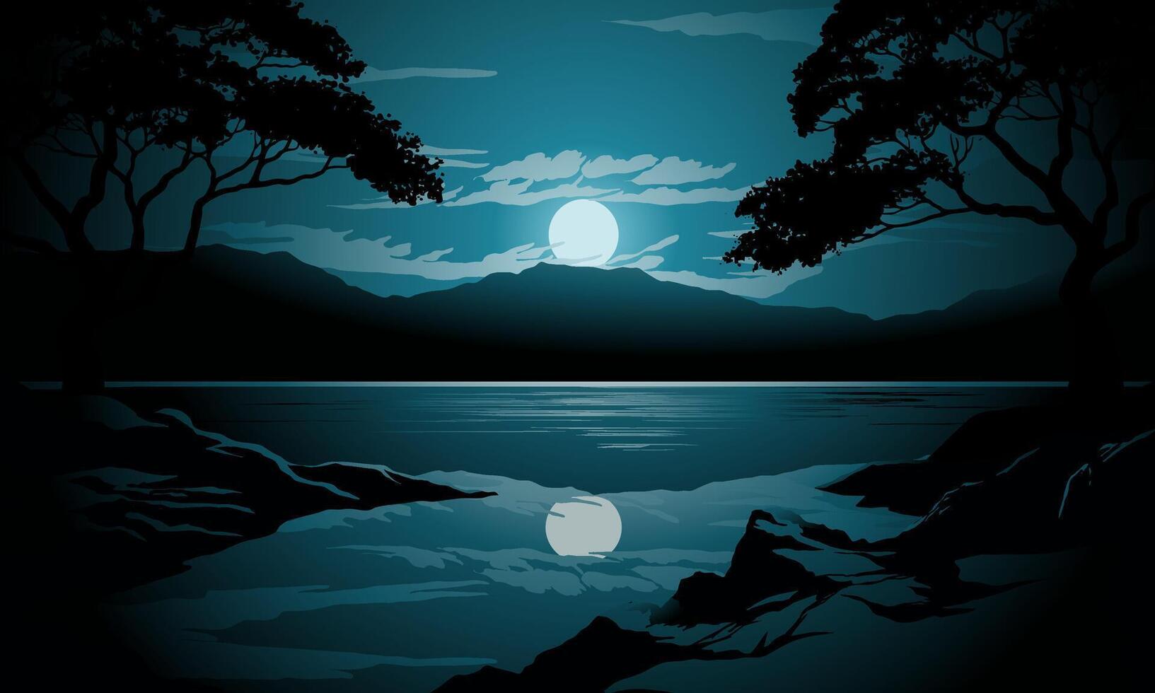 Tranquil lake view at night with silhouette of trees and full moon vector