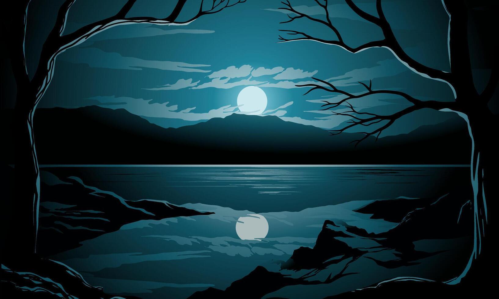 Beautiful calm night view at lake with silhouette of trees and full moon vector