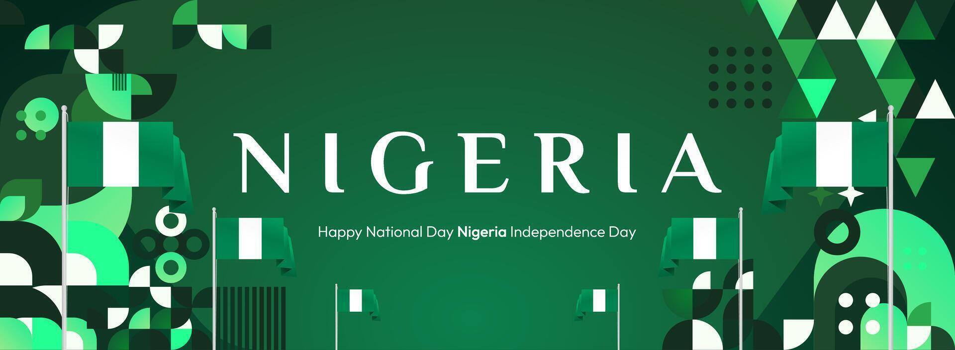 Nigeria Independence Celebration Banner. A horizontal banner with geometric elements and the Nigerian flag, ideal for public events like parades and festivals. vector
