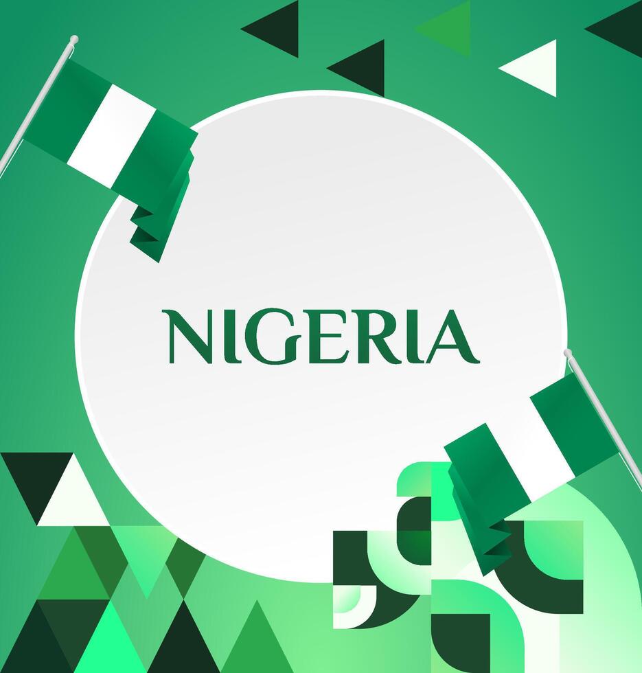 This modern square banner design in gradient green, featuring the Nigerian flag and geometric patterns, is perfect for creating a festive atmosphere for National Day events. vector