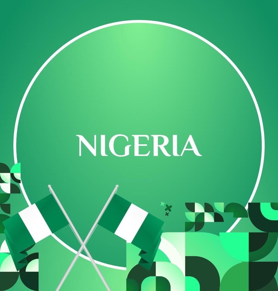 Vibrant green gradients meet bold geometric shapes in this eye-catching square banner design, perfect for celebrating Nigeria National Day on social media or event invitations. vector