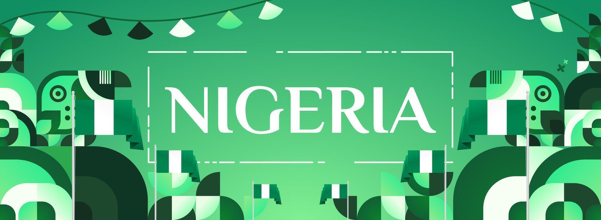 Nigeria National Day Geometric Banner. A horizontal banner template with a contemporary geometric design featuring the Nigerian flag, perfect for various national events. vector