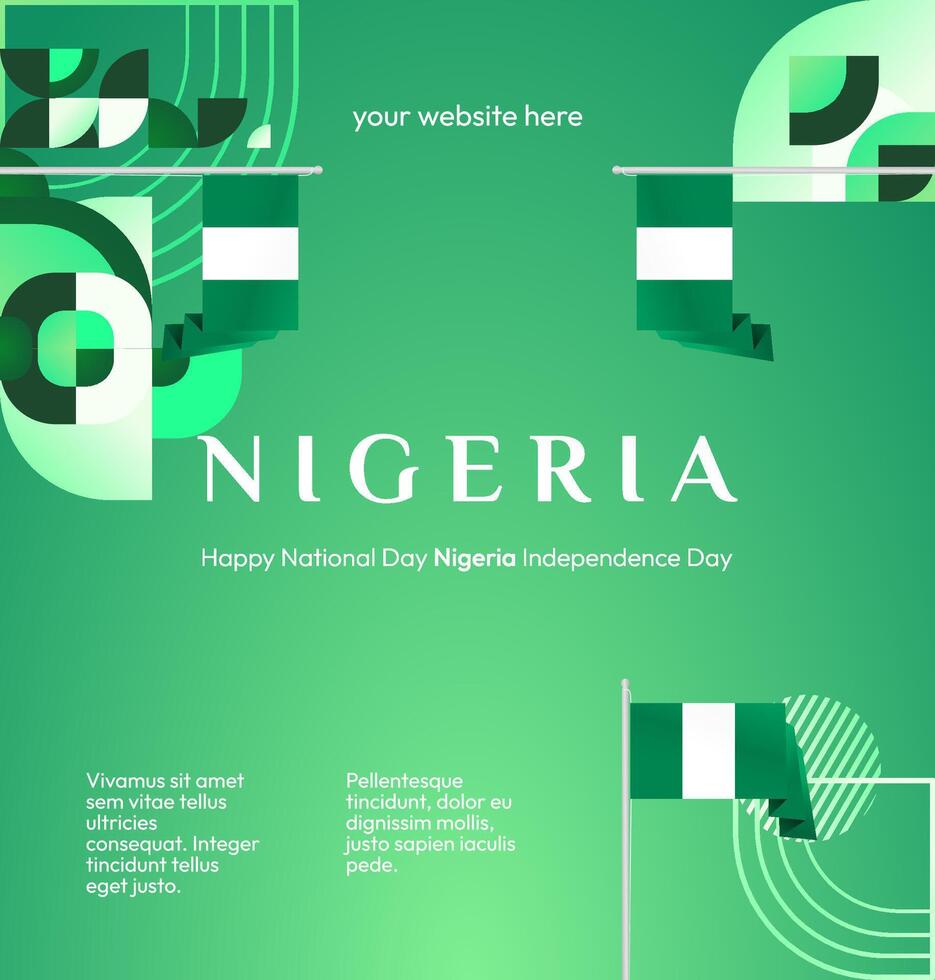 Nigerian National Day banner with a stunning green gradient background. Geometric shapes and the flag make this design perfect for cards, social media posts, and posters. vector