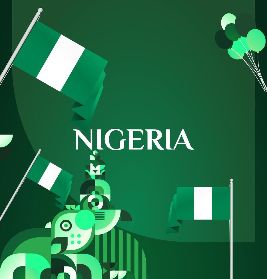 Bring National Day to life with this bold green gradient banner. Featuring the Nigerian flag and modern geometric elements, it's ideal for invitations and promotional content. vector