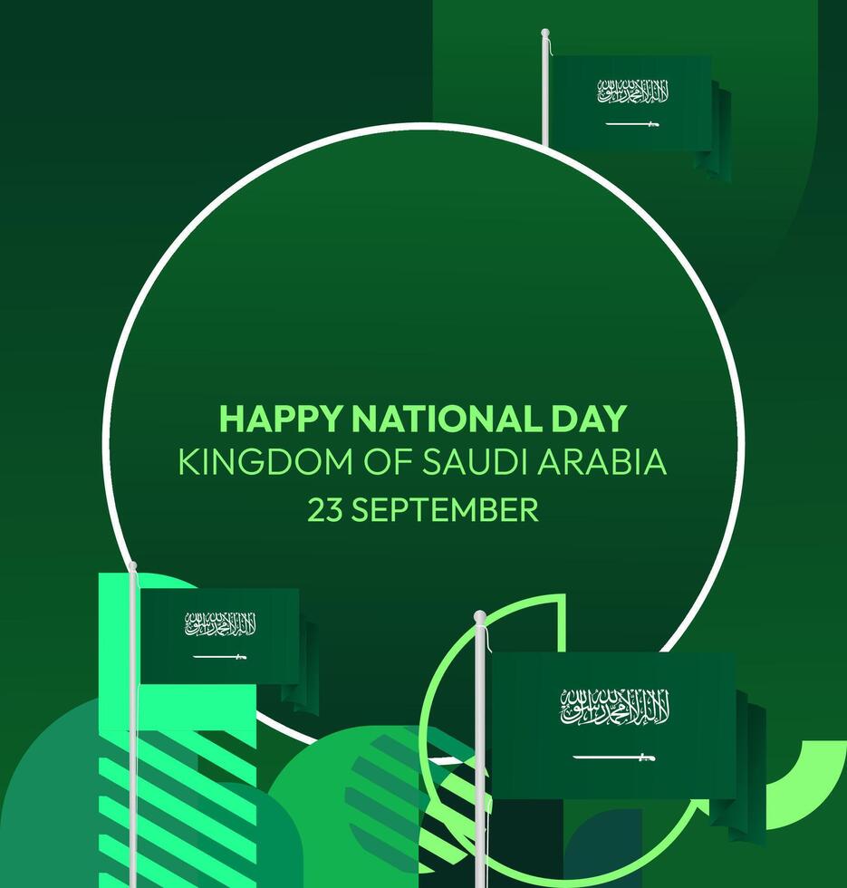 Saudi Arabia National Day Invitation. Design template with gradient green background and Saudi Arabian flag, ideal for invitation card or greeting card on National Day. vector