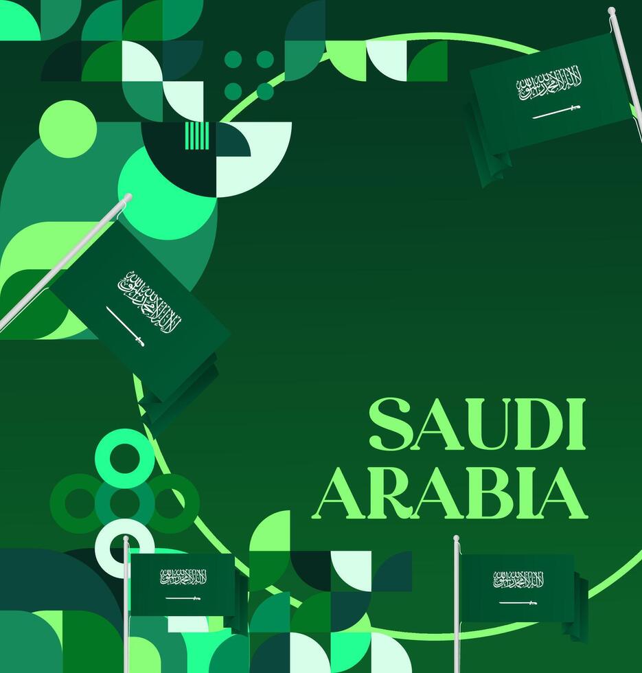 Saudi Arabia Independence Day Celebration Poster. Design template with gradient green background and Saudi Arabian flag, perfect for event posters or advertising campaigns. vector