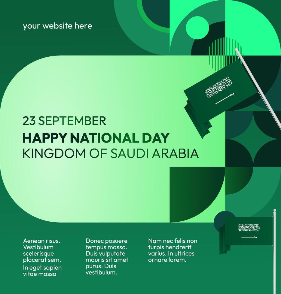 Saudi Arabia National Day Invitation Card. Green banner design template with geometric touch and Saudi Arabia flag, ideal for National Day event or family gathering. vector