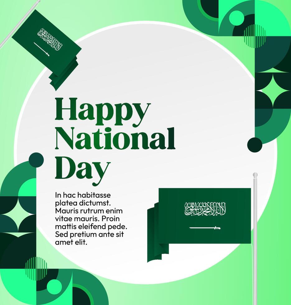 Saudi Arabia National Day Poster and Banner. Square design with simple and elegant geometric elements. White background and Saudi Arabia flag is perfect for big event promotion. vector