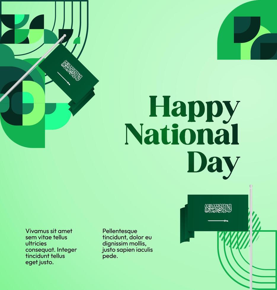 Saudi National Day greeting card template design with gradient green background and geometric elements. vector