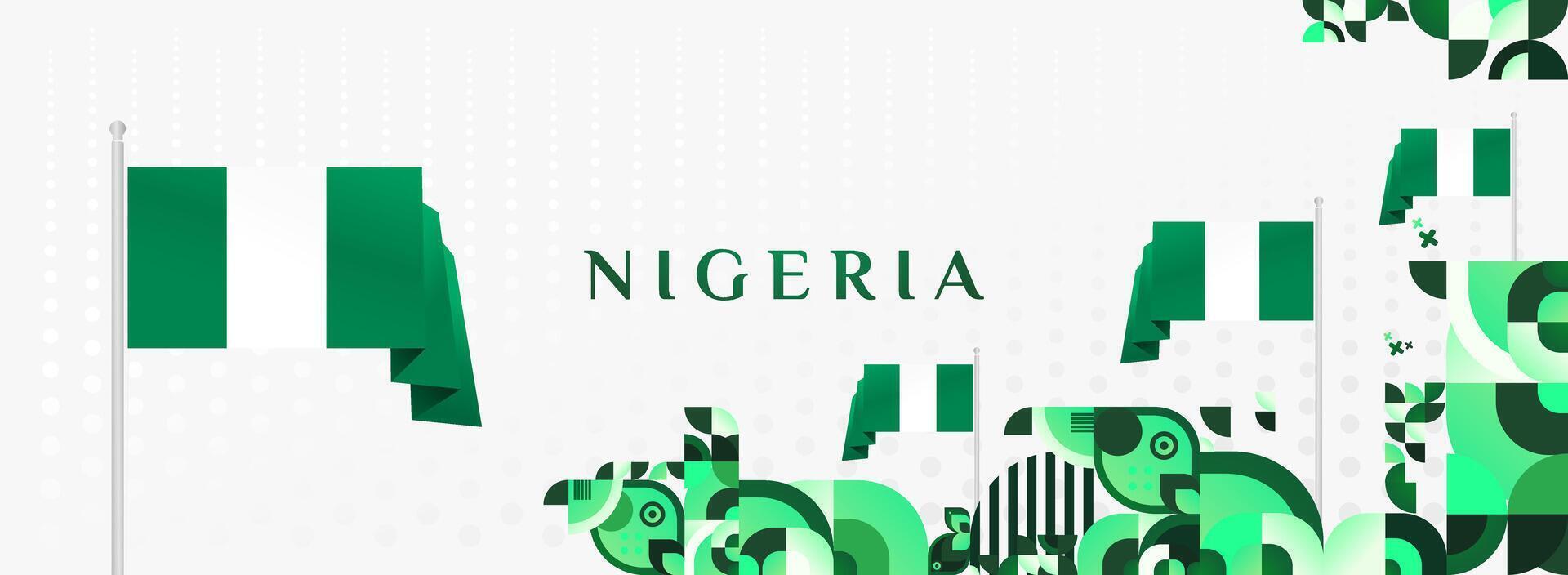 Nigeria Independence Poster. An elegant poster design with geometric decorations and the green and white colors of the Nigerian flag, ideal for invitations or Independence Day campaigns. vector
