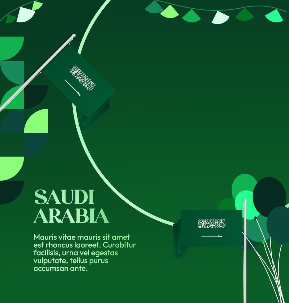 Poster design template with geometric embellishments and green background for Saudi National Day celebration. vector