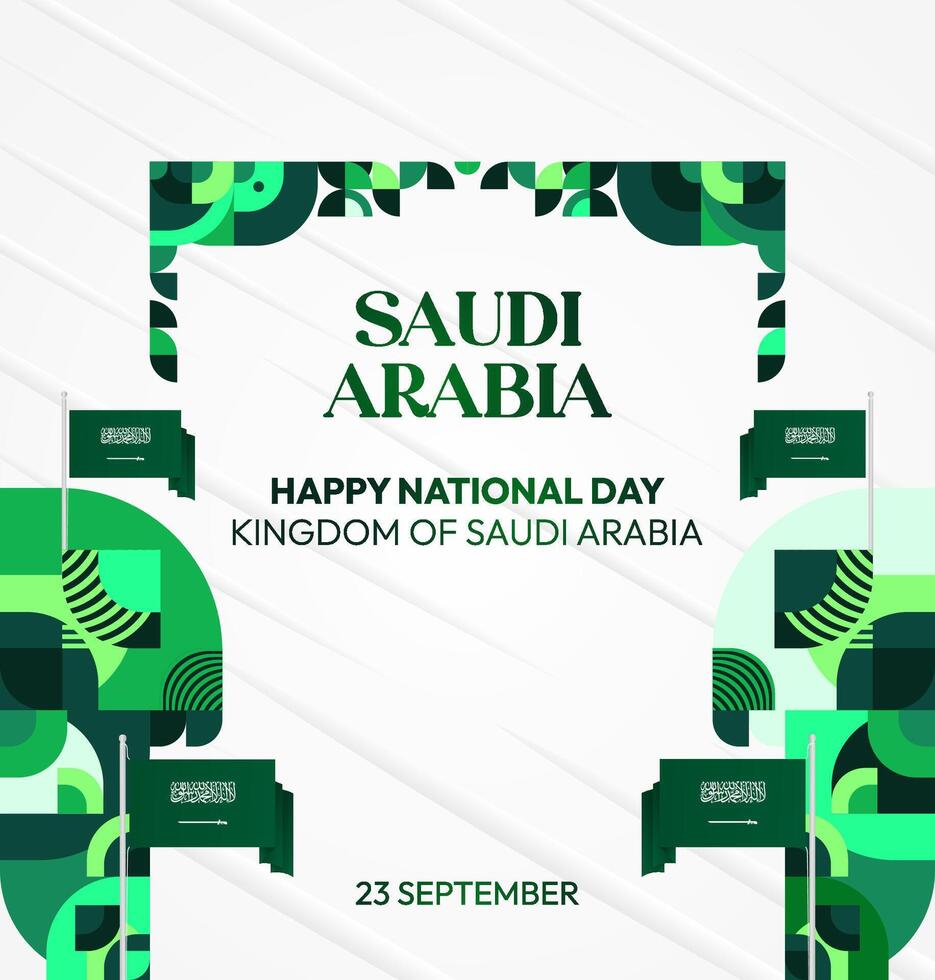 Saudi Arabia Independence Day Modern Poster. Square template with geometric design and Saudi Arabia flag. Perfect for big events or National Day promotional materials. vector